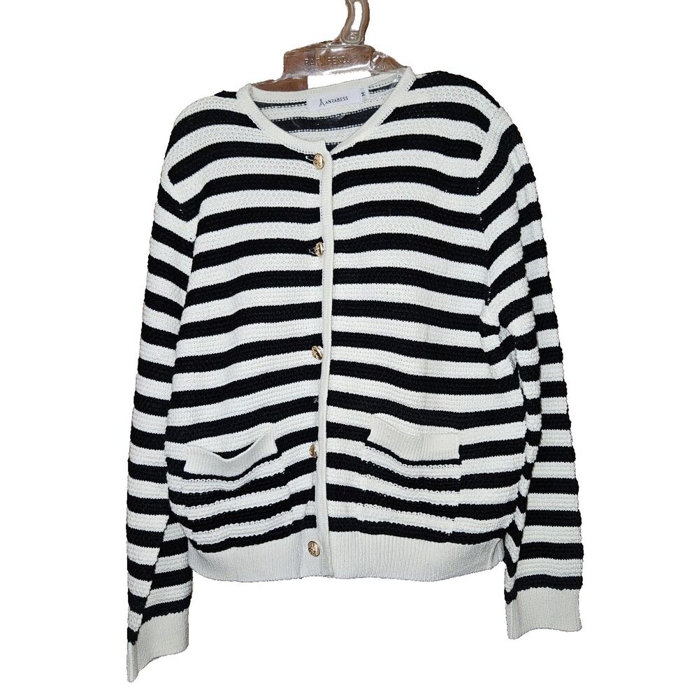 ANRABESS Striped Cardigan Sweater Medium - Black & White Gold Button Lady Jacket